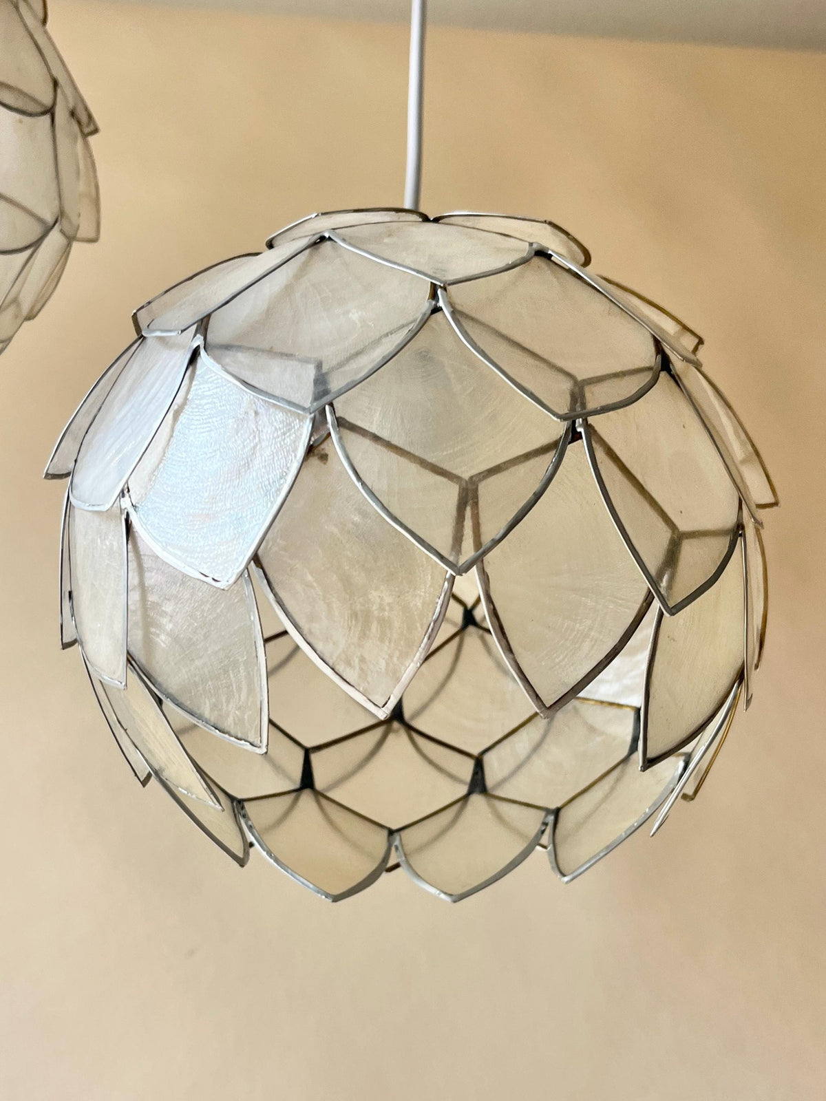 Pair of Vintage Lotus Capiz Shell Pendant Lights, Globe Hanging Lamps — photo 2