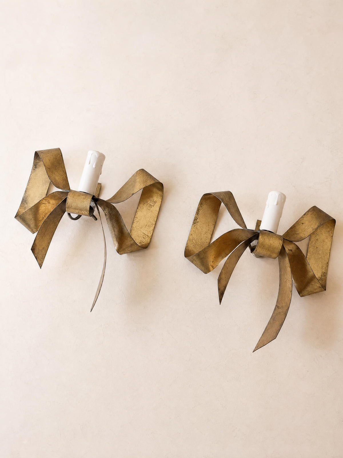 1 of 4 French 60s Brass Wall Sconces | Sculptural Bow Ribbon Candle Style Lights — photo 5