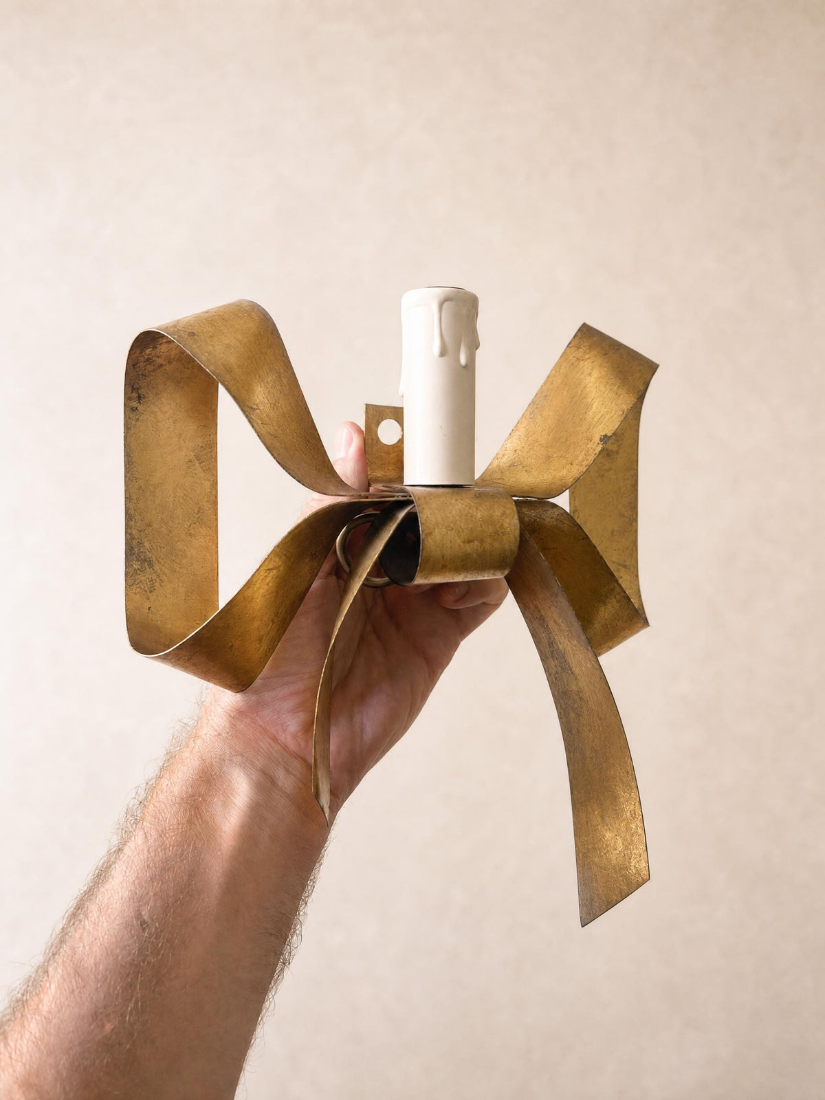 1 of 4 French 60s Brass Wall Sconces | Sculptural Bow Ribbon Candle Style Lights — photo 7
