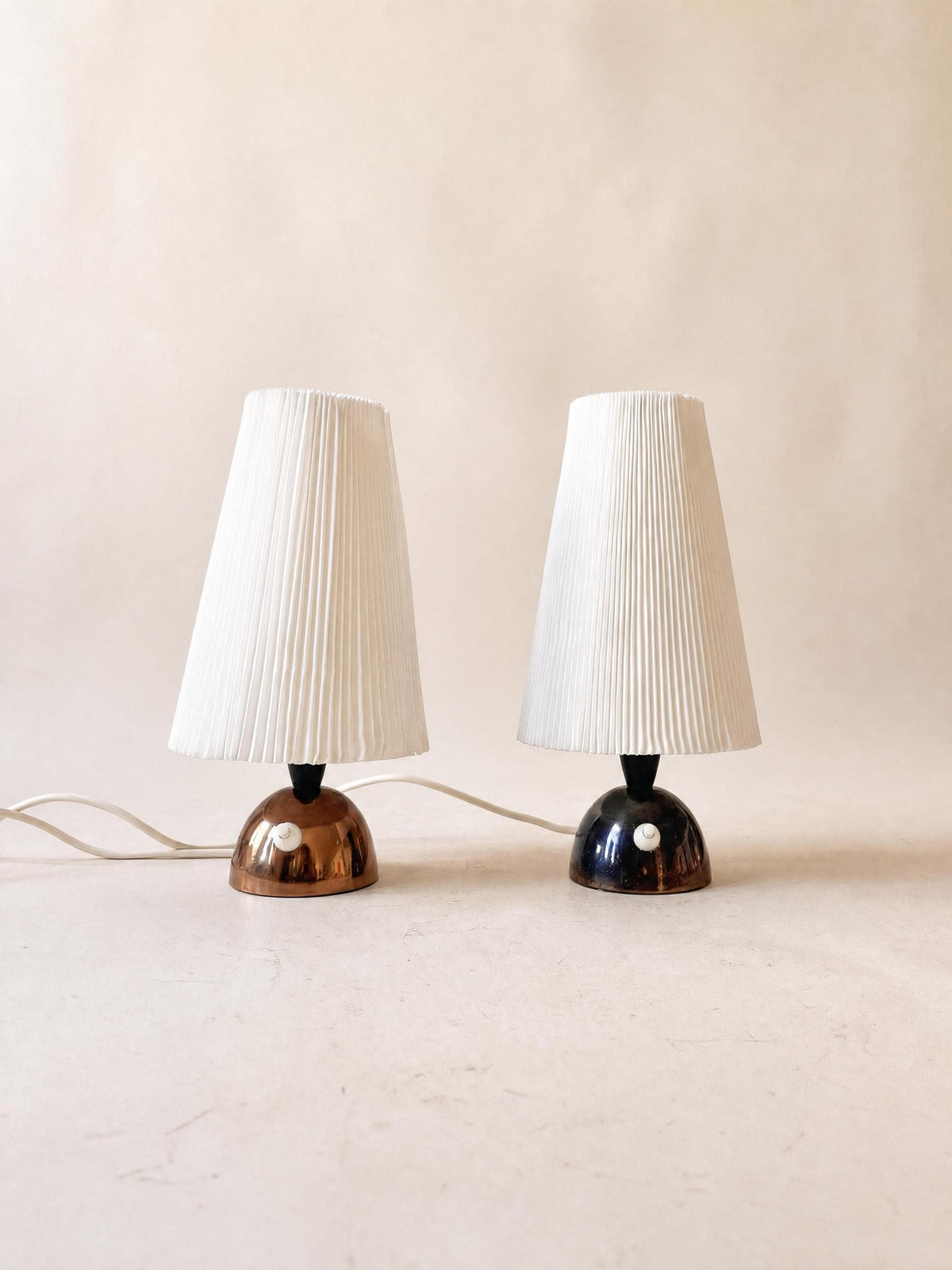 Pair of 50s Copper Bedside Tables with Vintage Pleated Fabric Shades — photo 1
