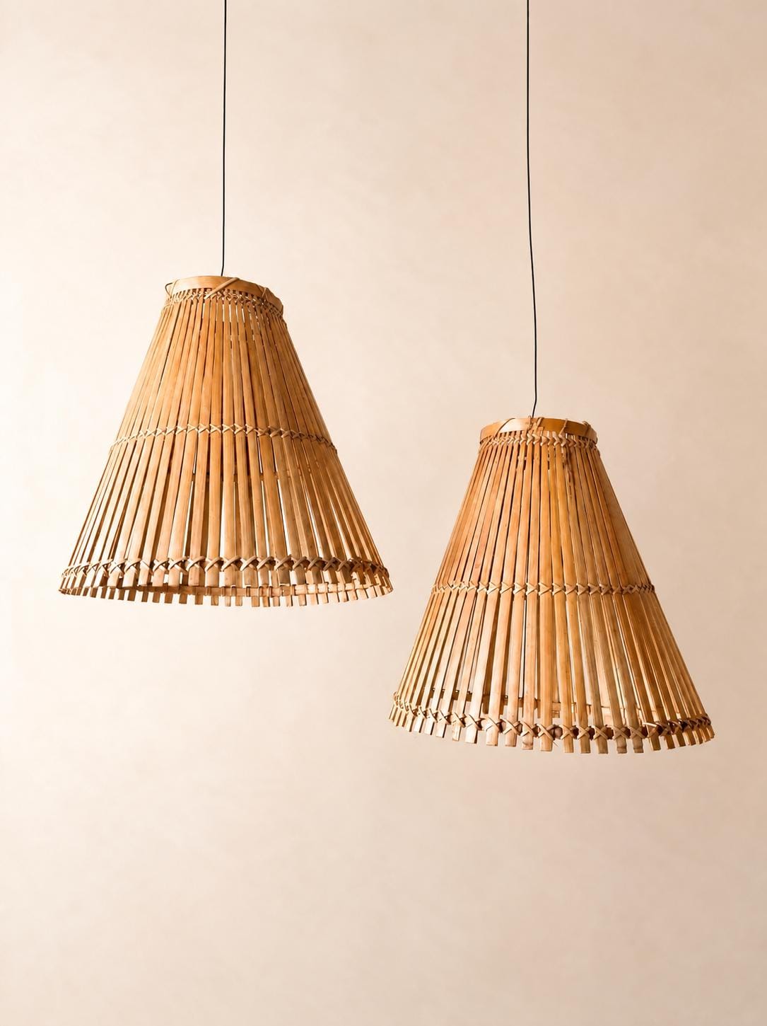 Pair of Vintage French 60s Handmade Bamboo Pendant Lampshades — photo 1
