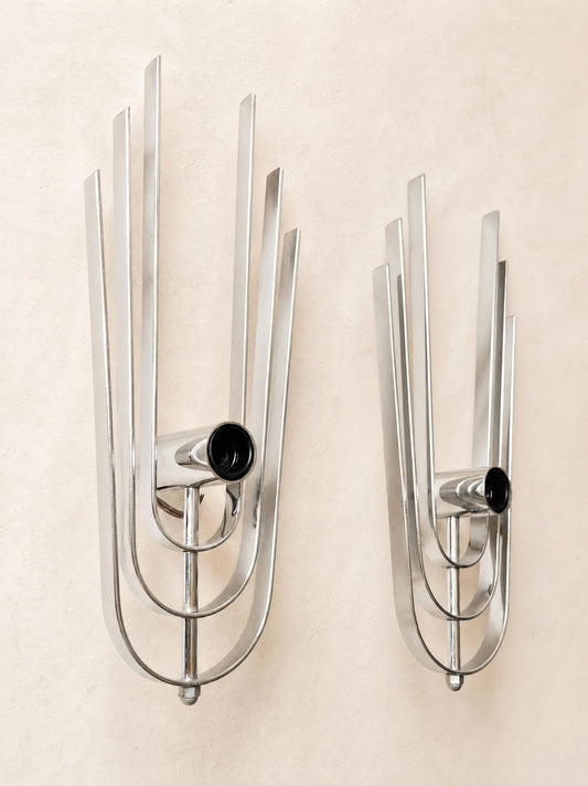 Pair of Vintage 70s French Chrome Wall Lights, Sculptural Sconces — photo 2