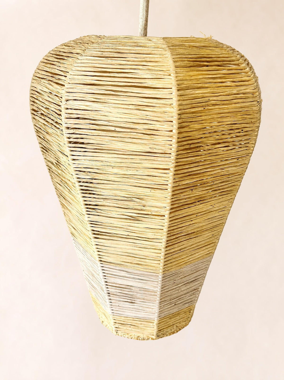 Pair of Vintage 50s Raffia Pendant Lights, Woven Geometric Ceiling Lamps — photo 5