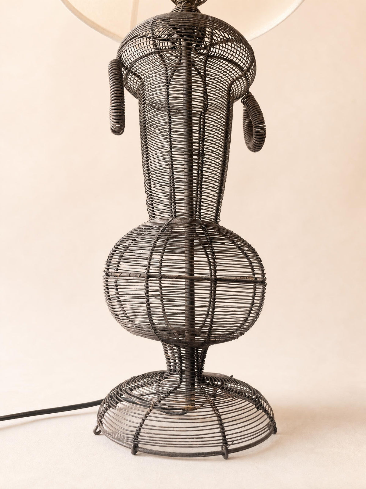 Vintage French Wire Wicker Table Lamp with White Shade — photo 2