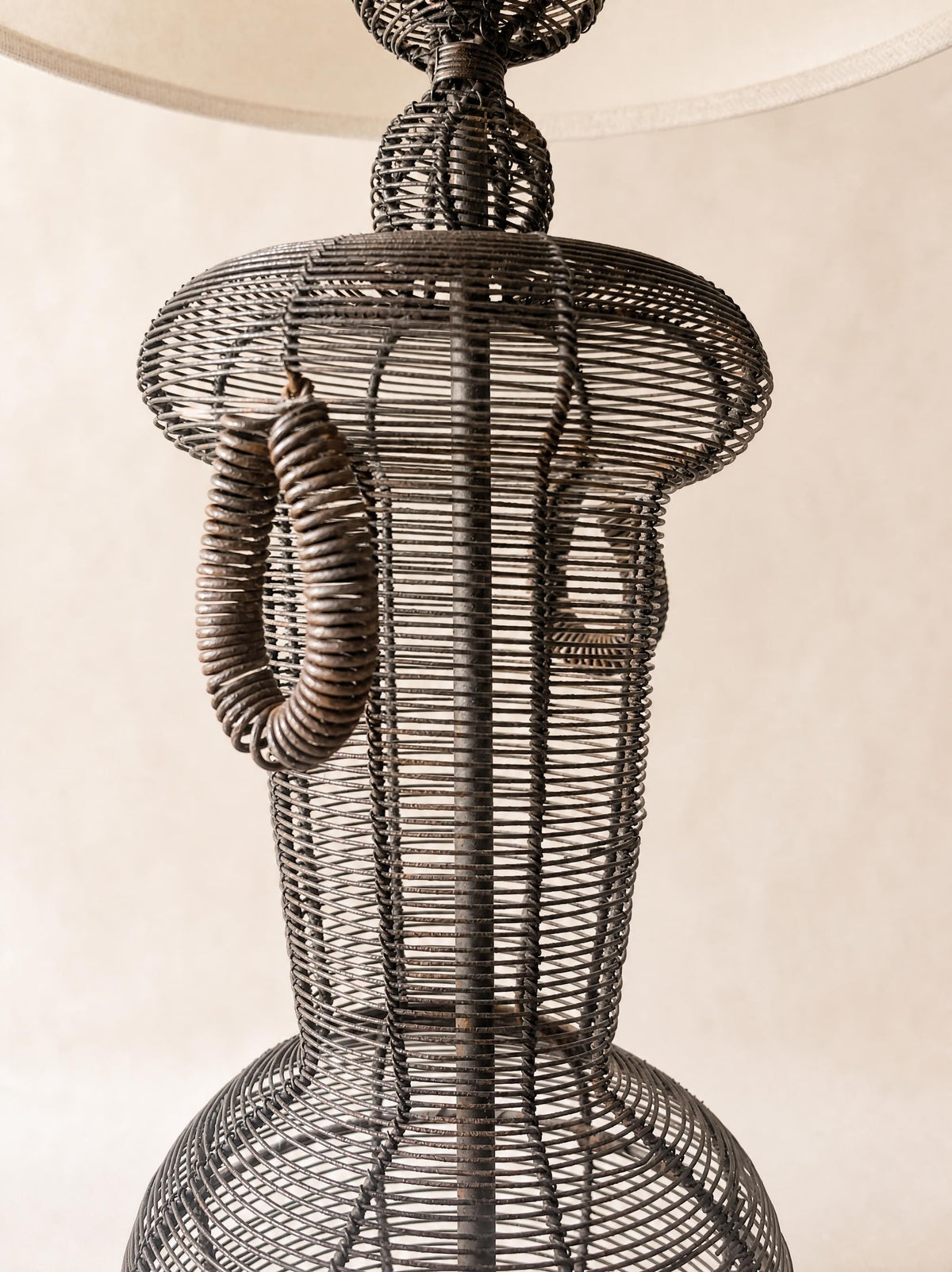 Vintage French Wire Wicker Table Lamp with White Shade — photo 4