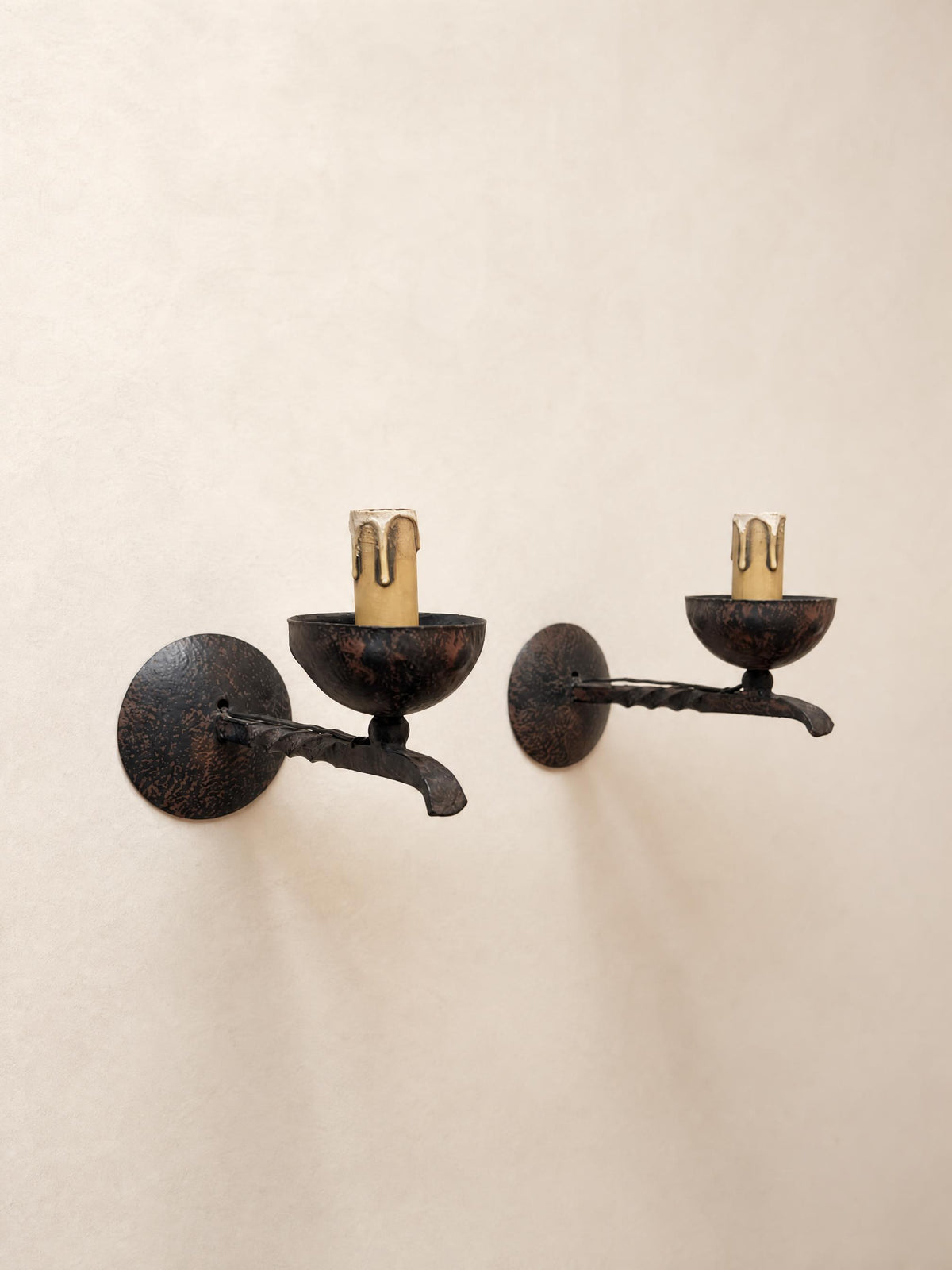 French 50s Wrought Iron Wall Sconces, Pair of Rustic Candle Cup Wall Lights — photo 4