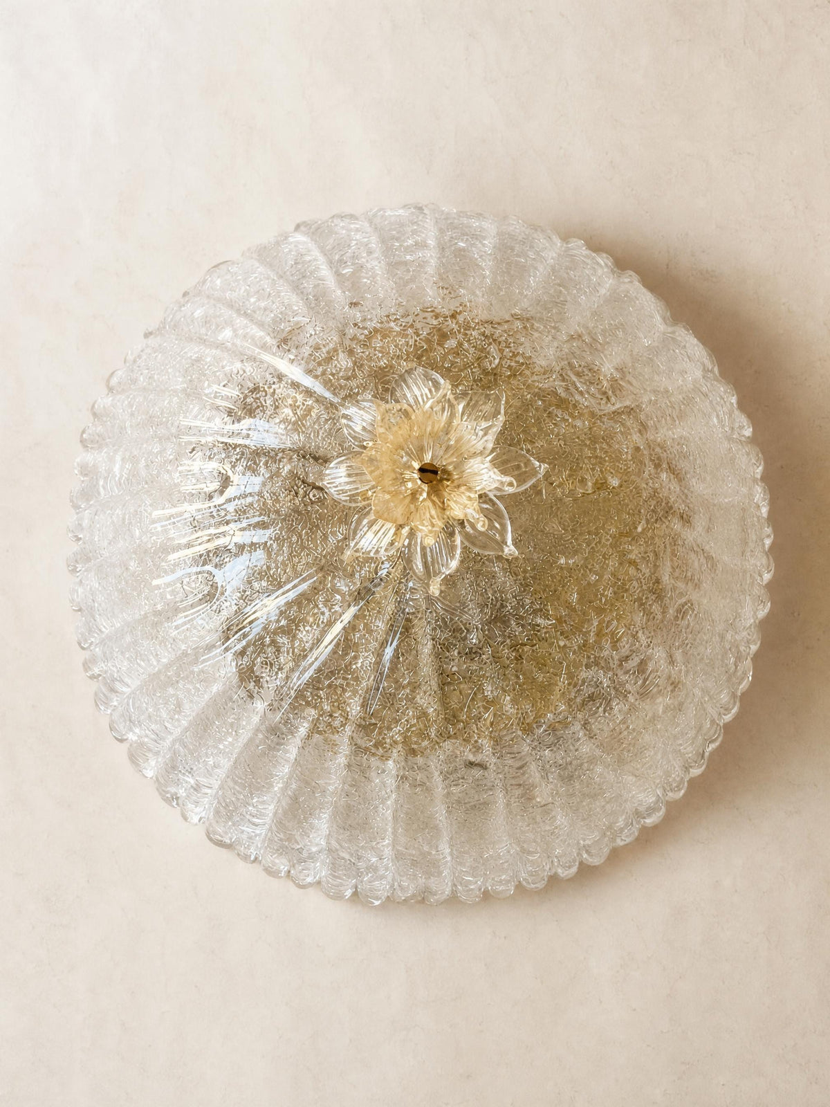 Italian 70s Murano Glass Ceiling Lamp | Textured Flush Mount Light with Flower Finial — photo 2