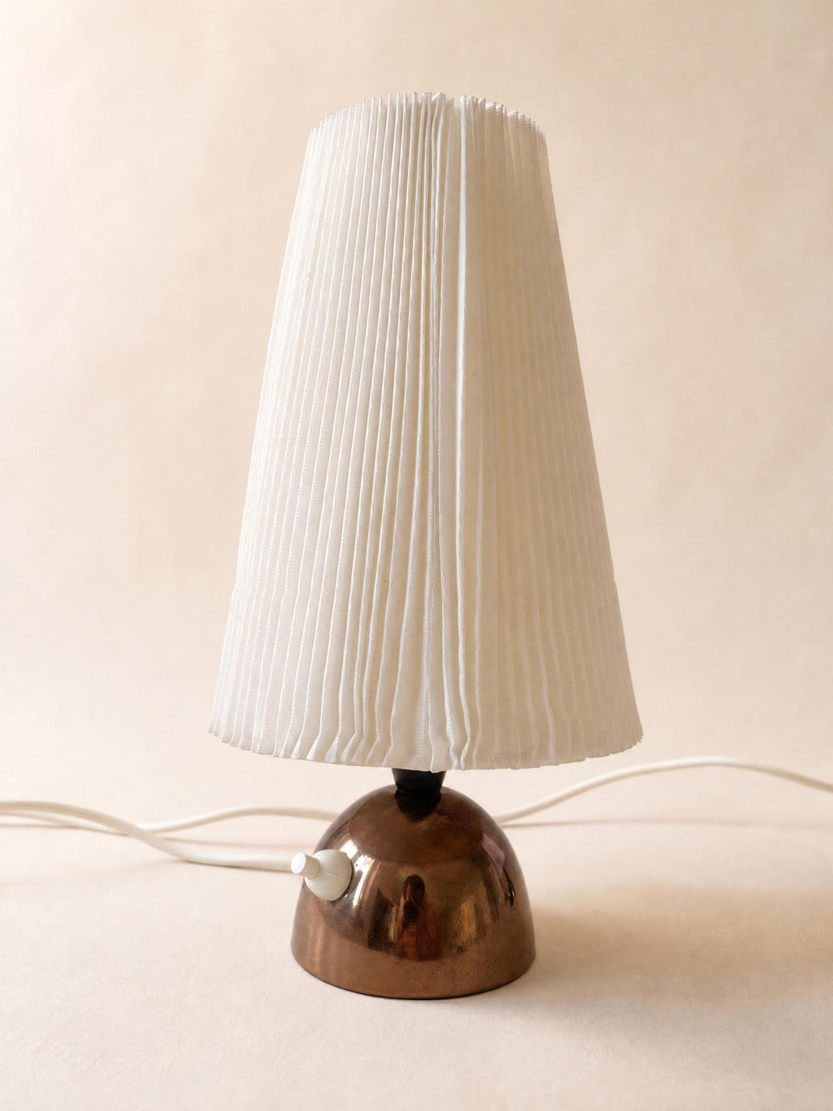 Pair of 50s Copper Bedside Tables with Vintage Pleated Fabric Shades — photo 3