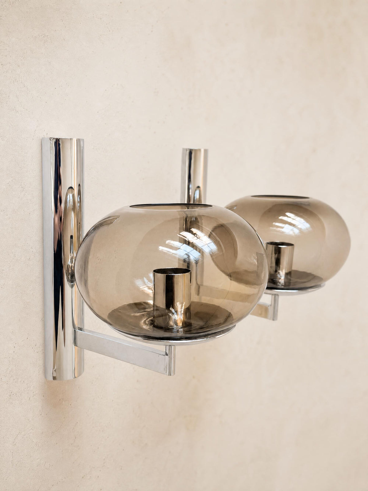 Gaetano Sciolari Vintage 70s Wall Sconces in Chrome and Smoked Glass — photo 7