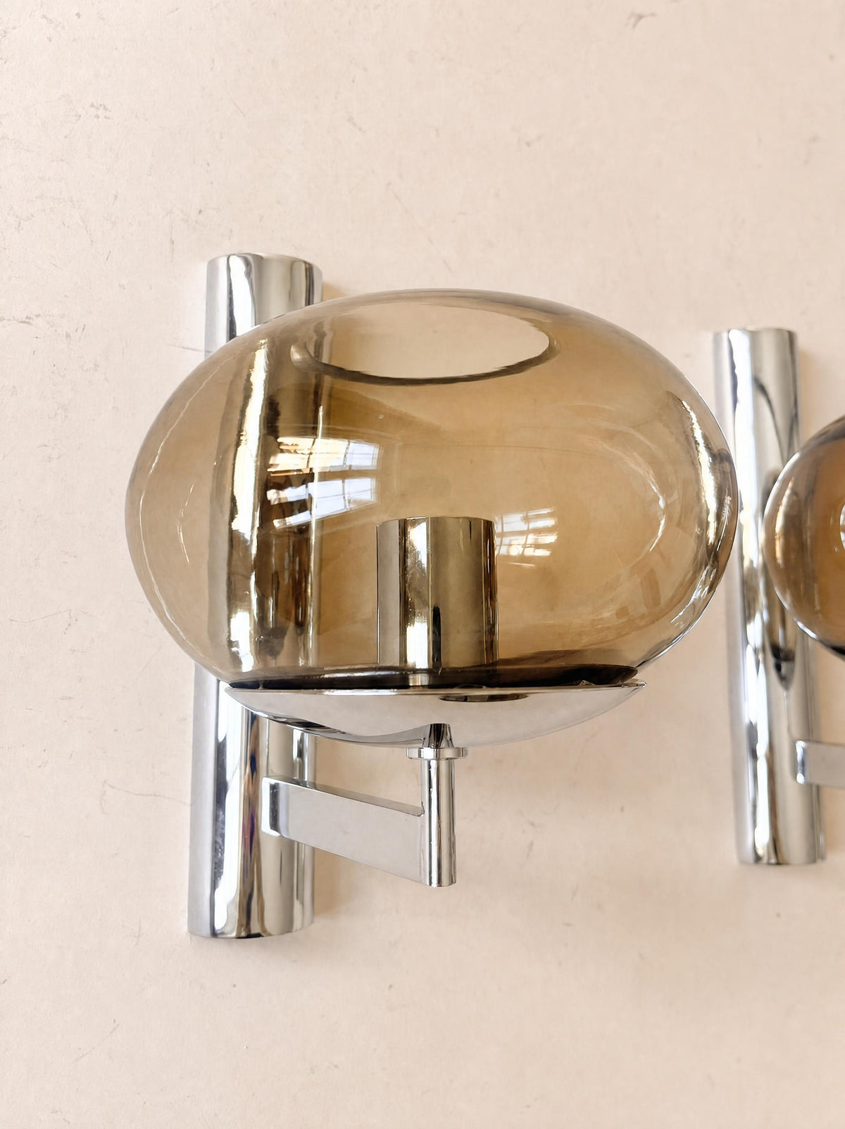 Gaetano Sciolari Vintage 70s Wall Sconces in Chrome and Smoked Glass — photo 6