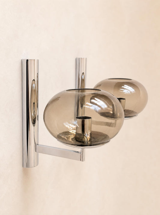 Gaetano Sciolari Vintage 70s Wall Sconces in Chrome and Smoked Glass — photo 2