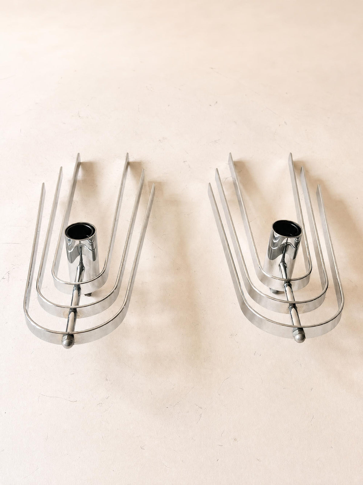 Pair of Vintage 70s French Chrome Wall Lights, Sculptural Sconces — photo 5
