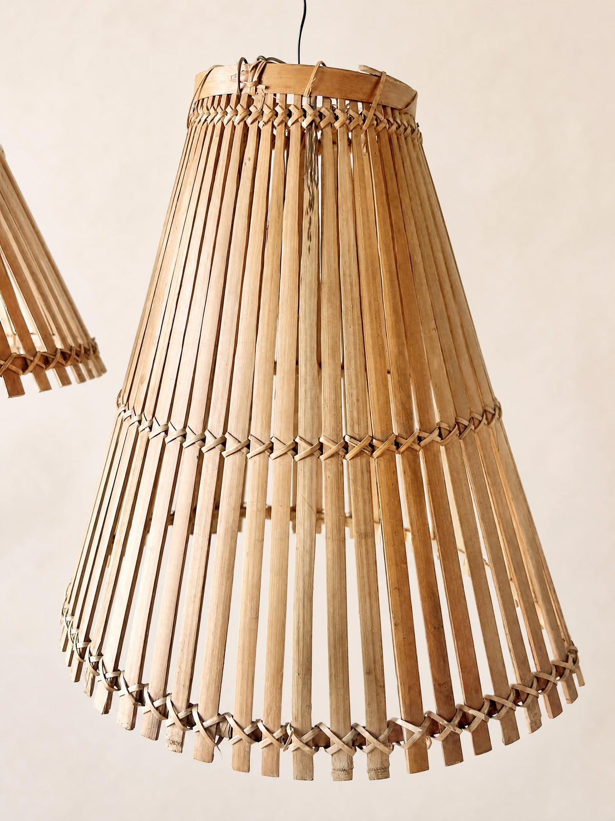 Pair of Vintage French 60s Handmade Bamboo Pendant Lampshades — photo 4
