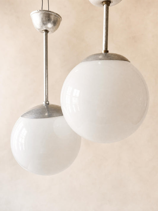 Vintage Italian 50s Opaline Glass Pendant Lights, Pair of Globe Lamps — photo 2