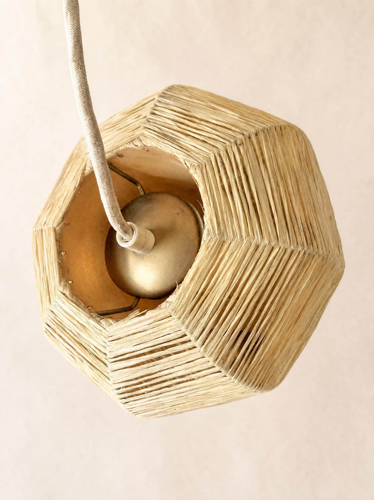 Pair of Vintage 50s Raffia Pendant Lights, Woven Geometric Ceiling Lamps — photo 6