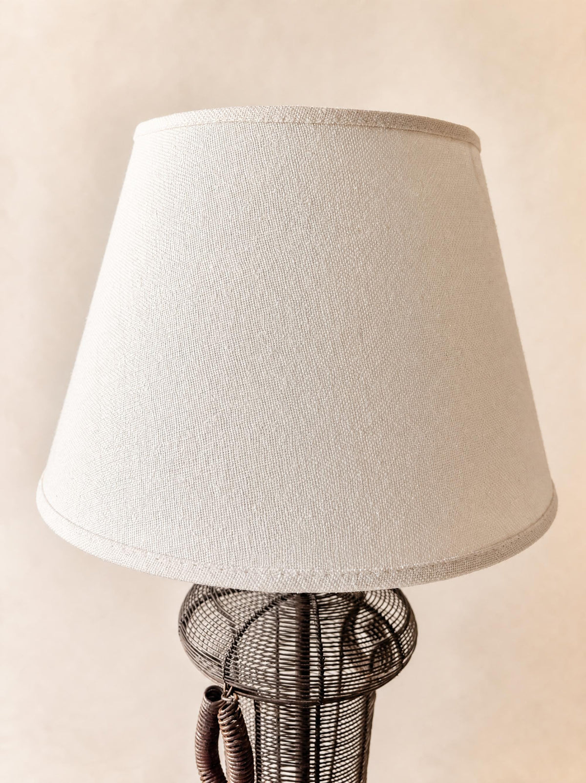 Vintage French Wire Wicker Table Lamp with White Shade — photo 6