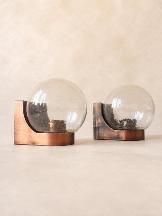 Italian 70s Copper and Bubble Glass Wall Sconces, Pair of Globe Wall Lights — photo 2