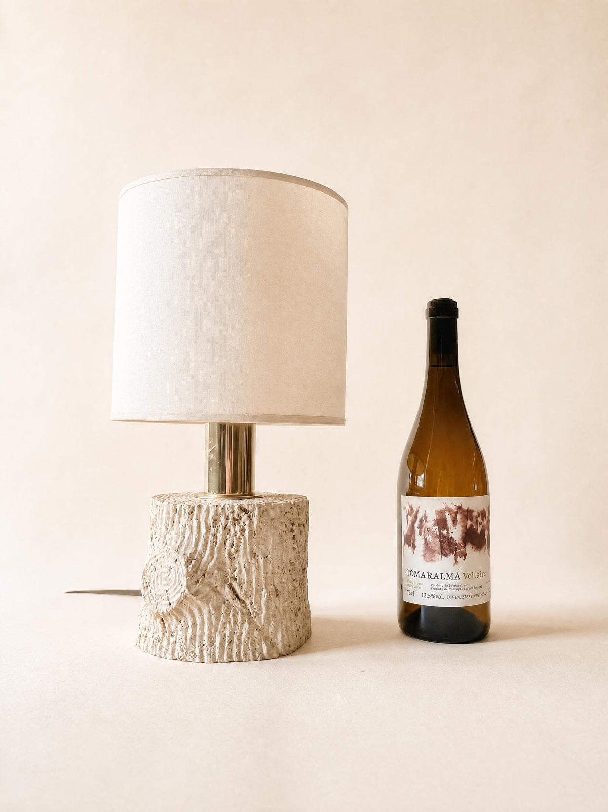 Vintage Italian Sculpted Travertine Table Lamp with Drum Shade — photo 3