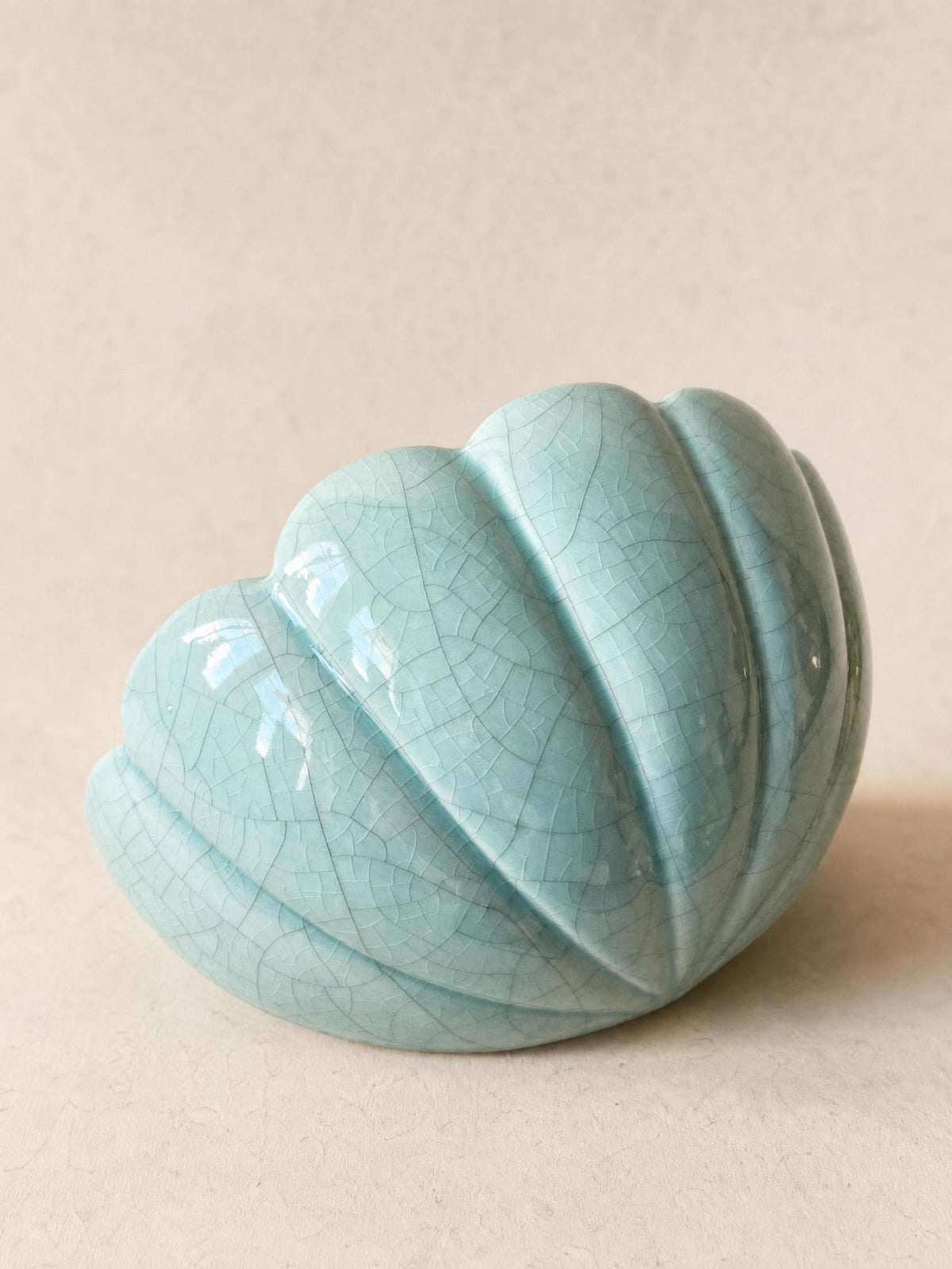Pair of French 80s Ceramic Wall Lights | Turquoise Shell Form Sconces in Crackle Glaze — photo 5