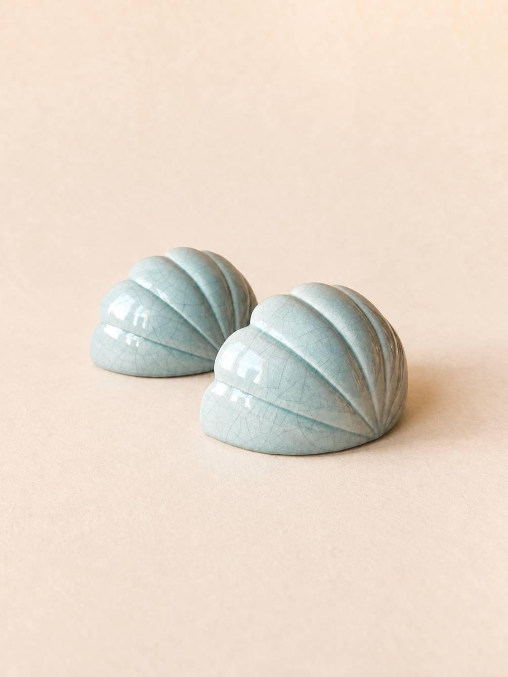 Pair of French 80s Ceramic Wall Lights | Turquoise Shell Form Sconces in Crackle Glaze — photo 1