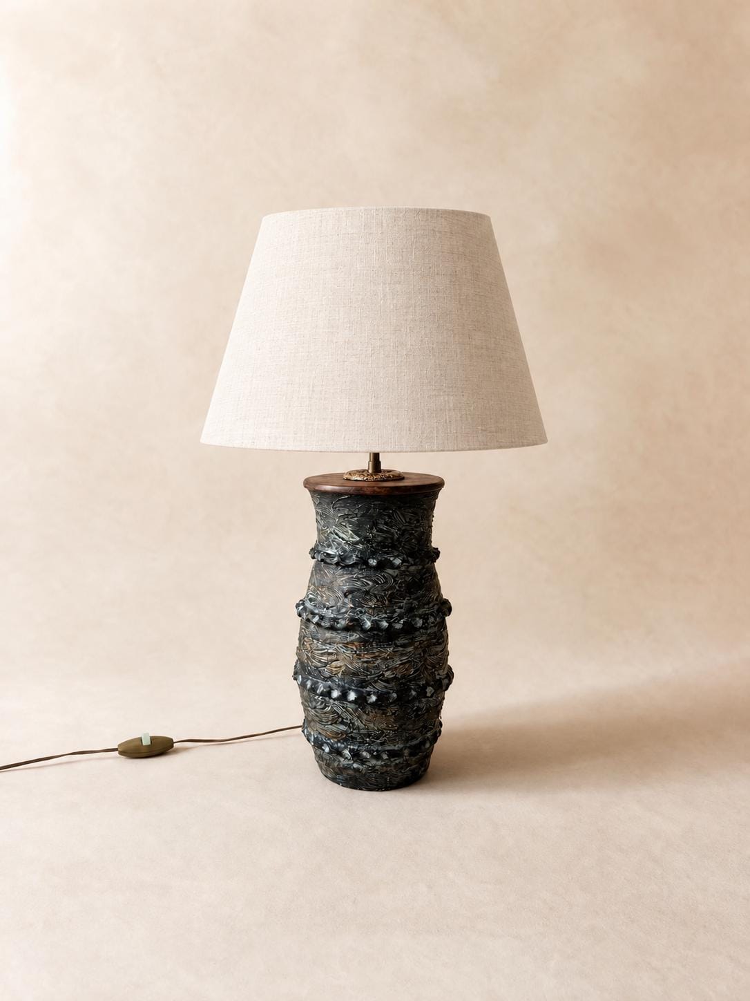 French 70s XL Brutalist Ceramic Table Lamp | Sculptural Black Textured Lamp Base — photo 1