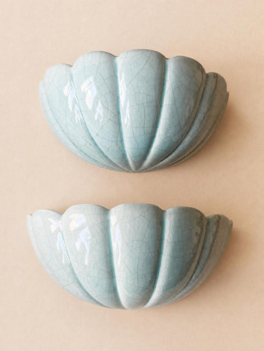 Pair of French 80s Ceramic Wall Lights | Turquoise Shell Form Sconces in Crackle Glaze — photo 2