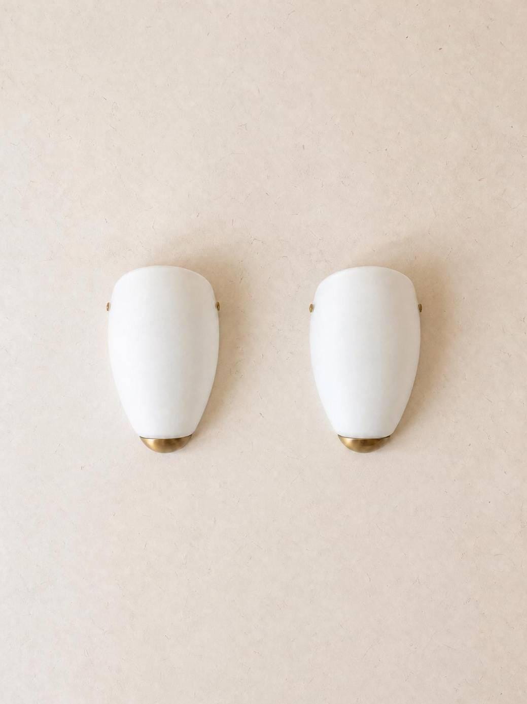 French 80s Opaline Glass Wall Sconces | Pair of Brass Accent Wall Lights — photo 1