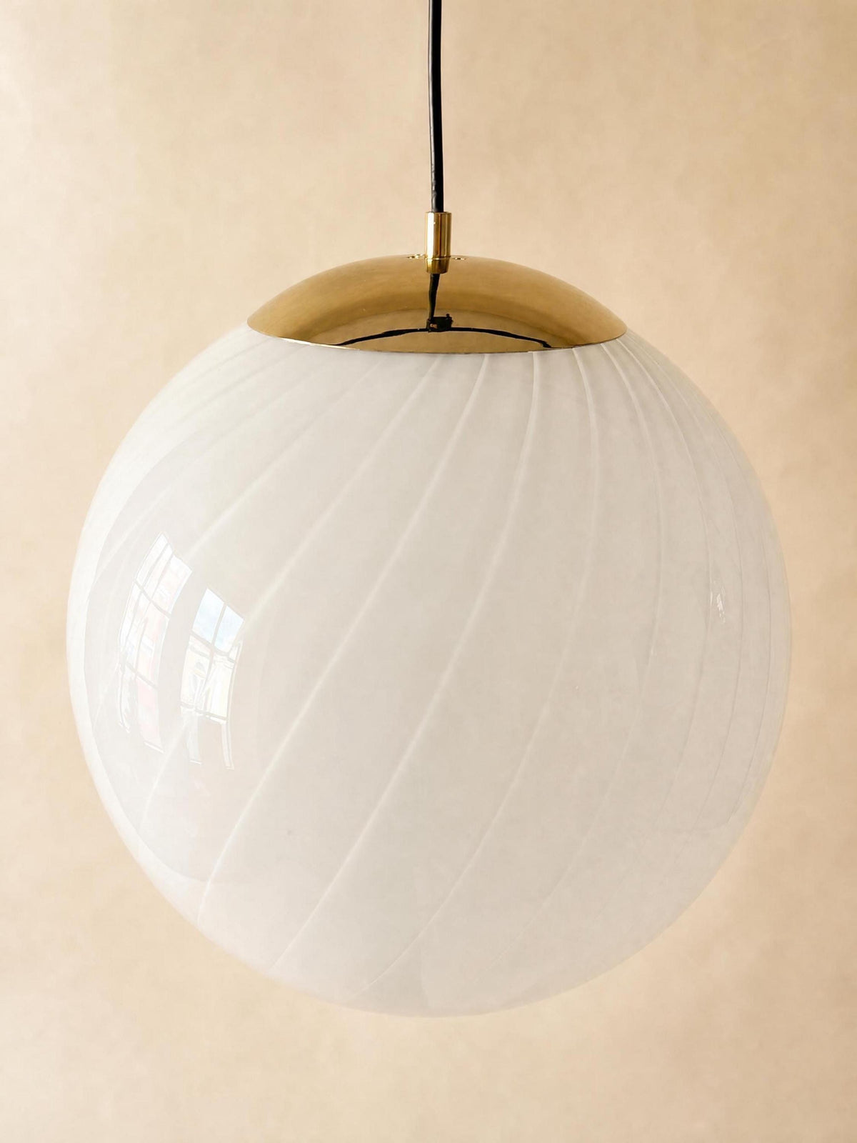 XL Italian 70s Opaline Murano Glass Pendant Light | White Swirl Globe Ceiling Lamp — photo 5