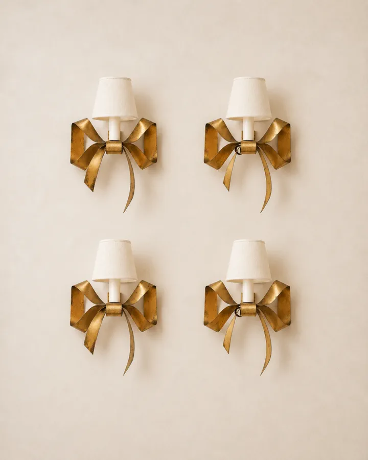 Set of four French brass bow sconces with cream shades.