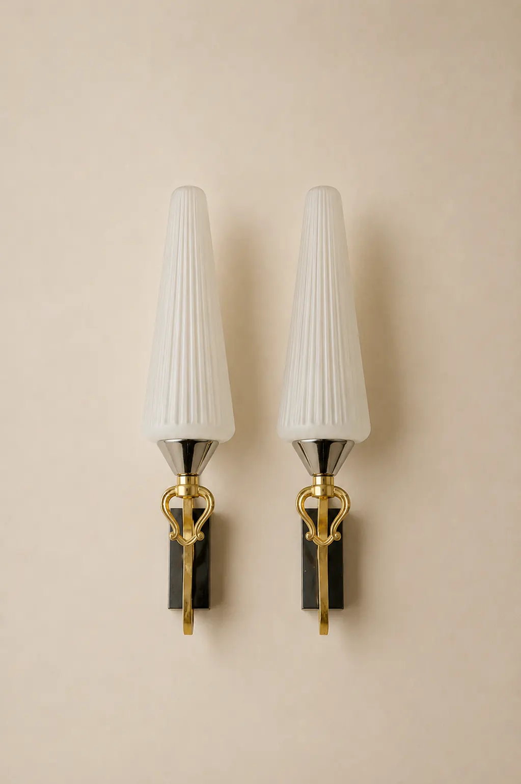 French 1960s brass and glass wall sconces.