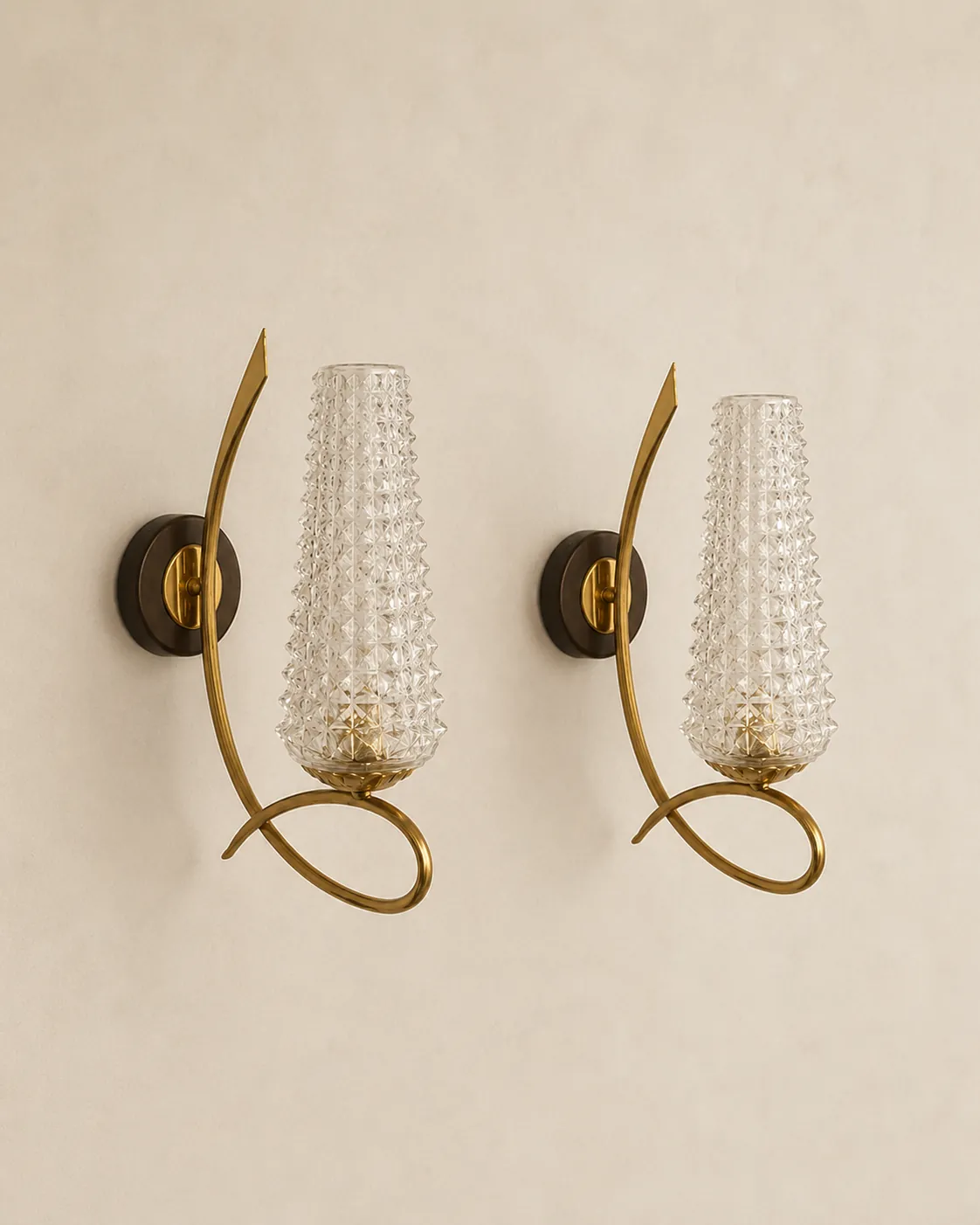 French 1960s brass and glass wall sconces.