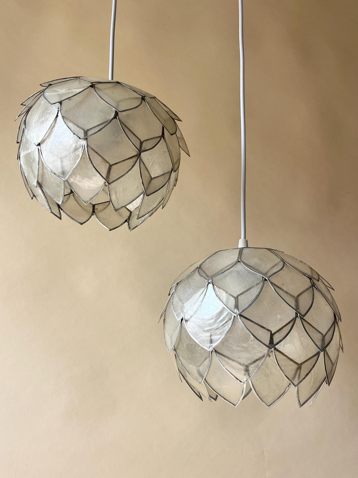 Pair of Vintage Lotus Capiz Shell Pendant Lights, Globe Hanging Lamps — photo 5