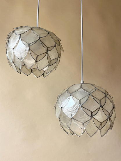 Pair of Vintage Lotus Capiz Shell Pendant Lights, Globe Hanging Lamps — photo 5