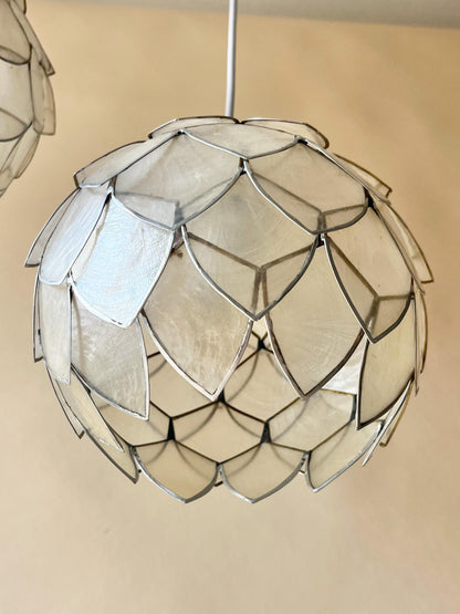 Pair of Vintage Lotus Capiz Shell Pendant Lights, Globe Hanging Lamps — photo 2