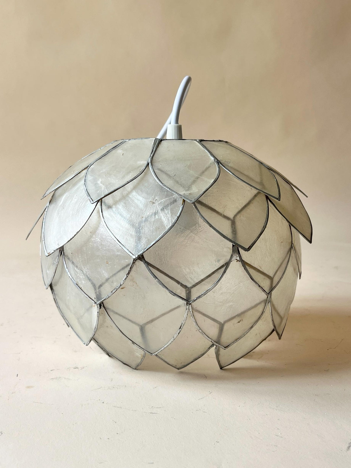 Pair of Vintage Lotus Capiz Shell Pendant Lights, Globe Hanging Lamps — photo 4