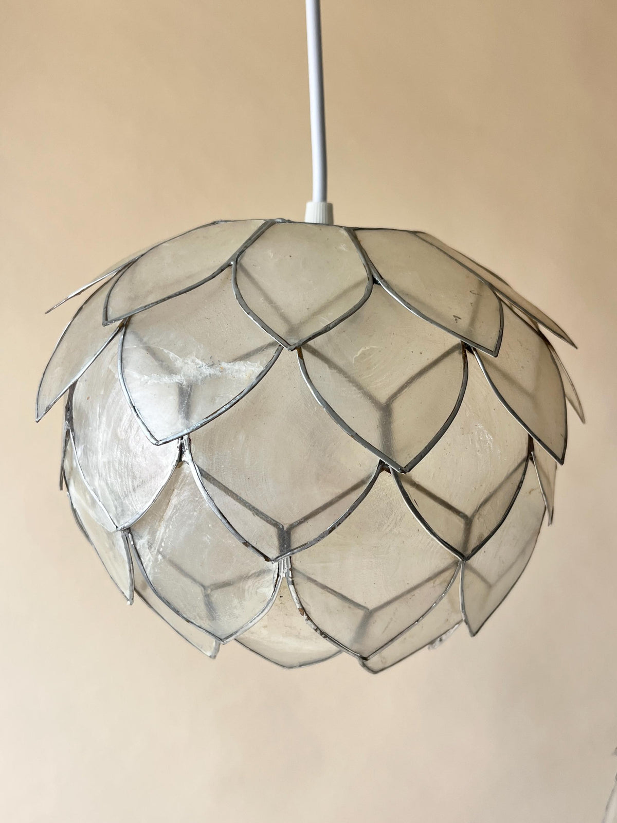 Pair of Vintage Lotus Capiz Shell Pendant Lights, Globe Hanging Lamps — photo 7