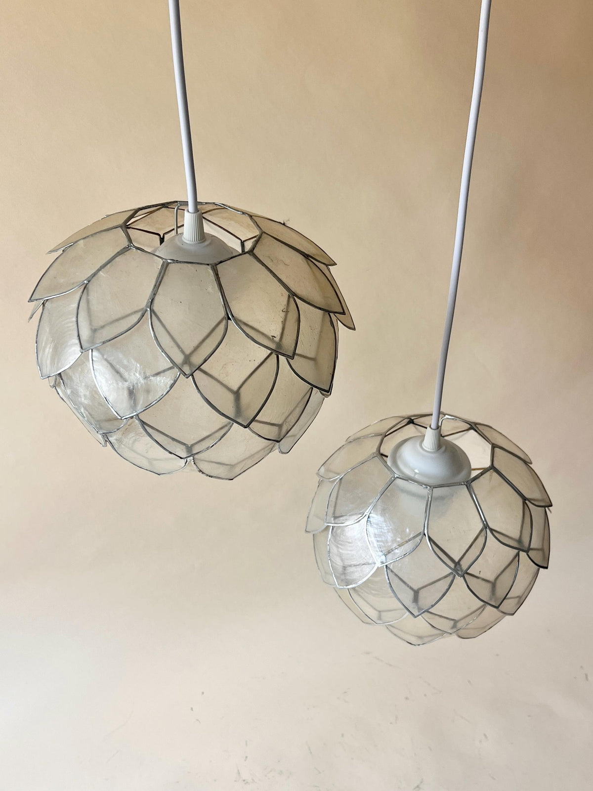 Pair of Vintage Lotus Capiz Shell Pendant Lights, Globe Hanging Lamps — photo 3