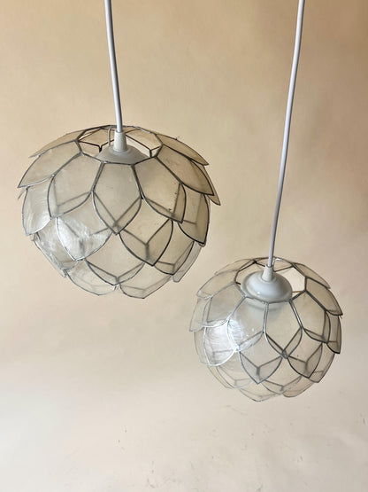 Pair of Vintage Lotus Capiz Shell Pendant Lights, Globe Hanging Lamps — photo 3