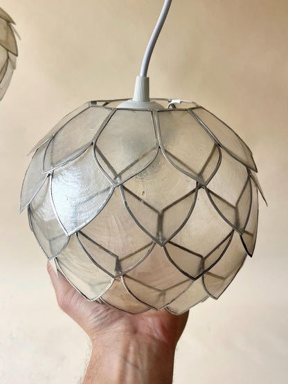 Pair of Vintage Lotus Capiz Shell Pendant Lights, Globe Hanging Lamps — photo 9
