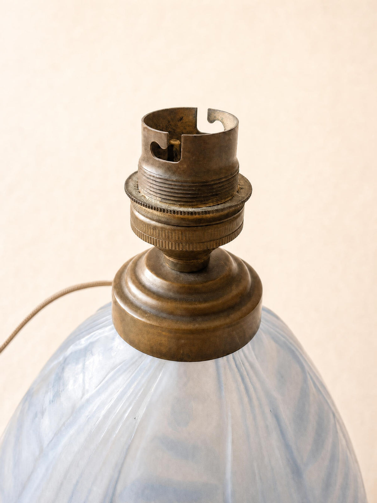 French 50s Blue Glass Table Lamp Base | Sculptural Brass Light — photo 3