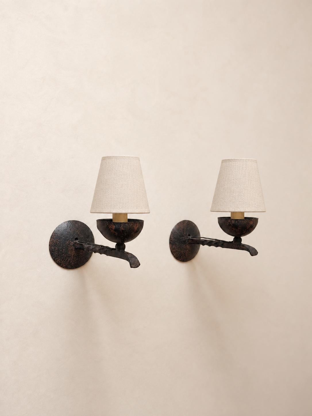 French 50s Wrought Iron Wall Sconces, Pair of Rustic Candle Cup Wall Lights — photo 1