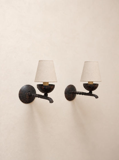 French 50s Wrought Iron Wall Sconces, Pair of Rustic Candle Cup Wall Lights — photo 1