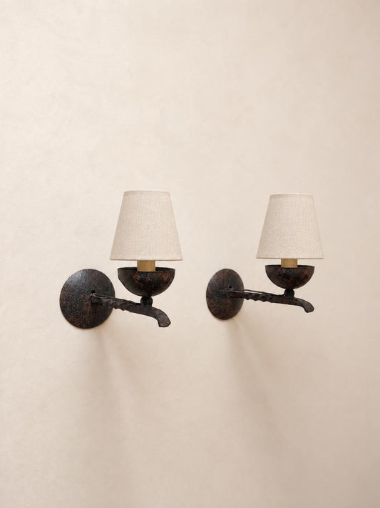 French 50s Wrought Iron Wall Sconces, Pair of Rustic Candle Cup Wall Lights — photo 1