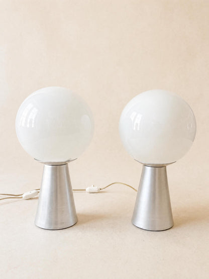 Italian 70s Opaline Glass Table Lights, Pair of Globe Lamps on Brushed Aluminium Base — photo 5