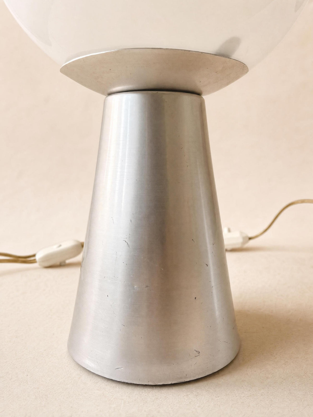 Italian 70s Opaline Glass Table Lights, Pair of Globe Lamps on Brushed Aluminium Base — photo 6