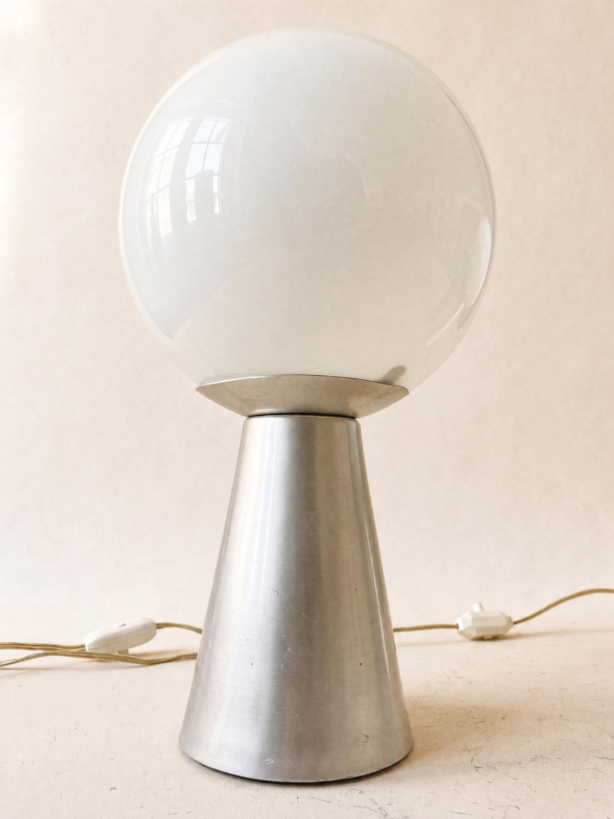 Italian 70s Opaline Glass Table Lights, Pair of Globe Lamps on Brushed Aluminium Base — photo 3
