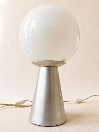Italian 70s Opaline Glass Table Lights, Pair of Globe Lamps on Brushed Aluminium Base — photo 3