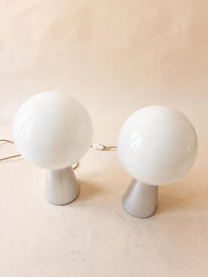 Italian 70s Opaline Glass Table Lights, Pair of Globe Lamps on Brushed Aluminium Base — photo 8
