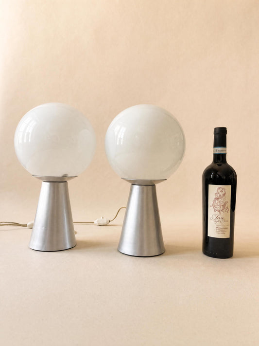Italian 70s Opaline Glass Table Lights, Pair of Globe Lamps on Brushed Aluminium Base — photo 2