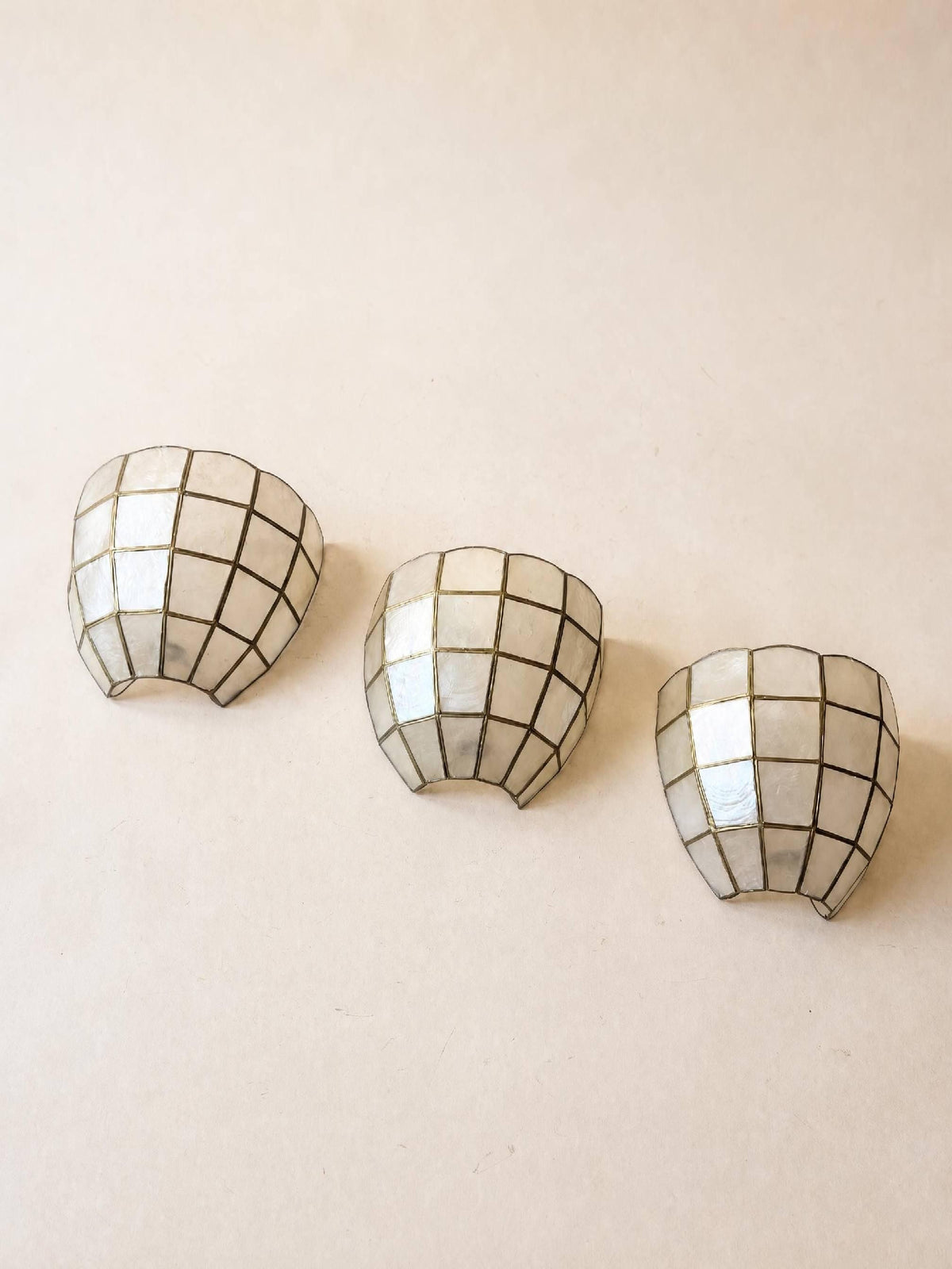 Set of 3 Art Deco Style Shell Wall Sconces in Capiz and Brass — photo 2